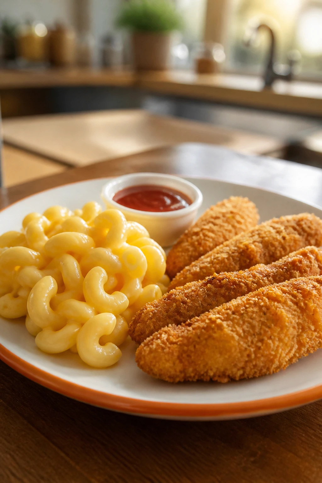 Close-up of a kid-friendly plate with pasta, chicken tenders, and sauce cup on a wooden table
