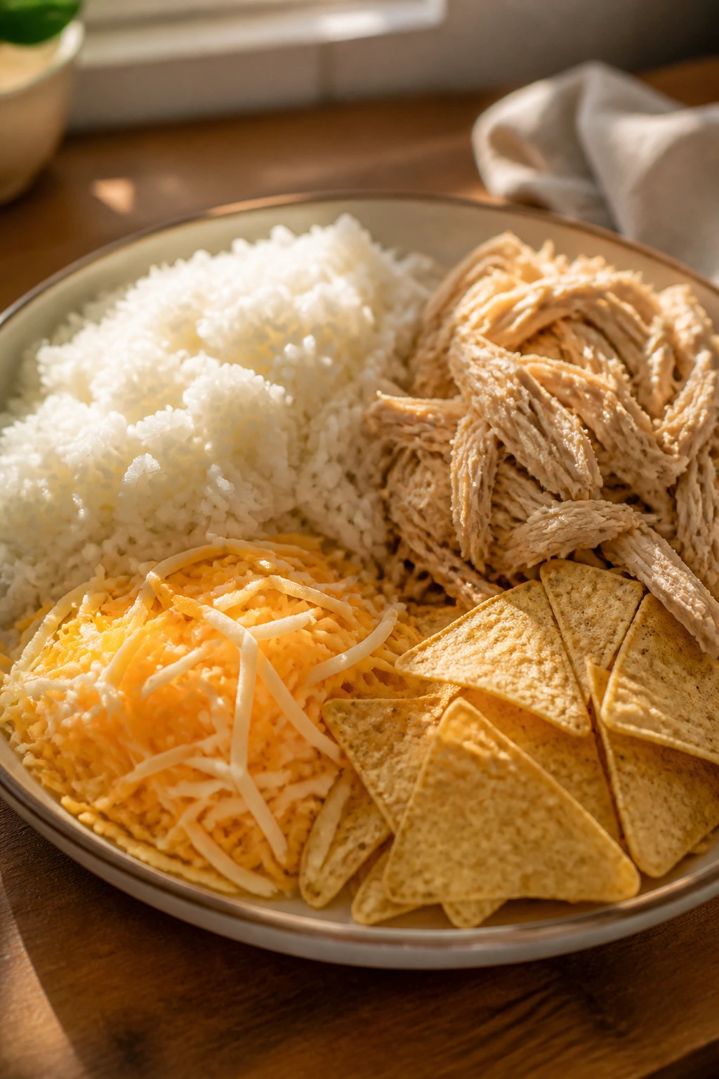 Close-up of a kid-friendly dinner plate with rice, chicken, cheese, and tortilla chips in a warm kitchen