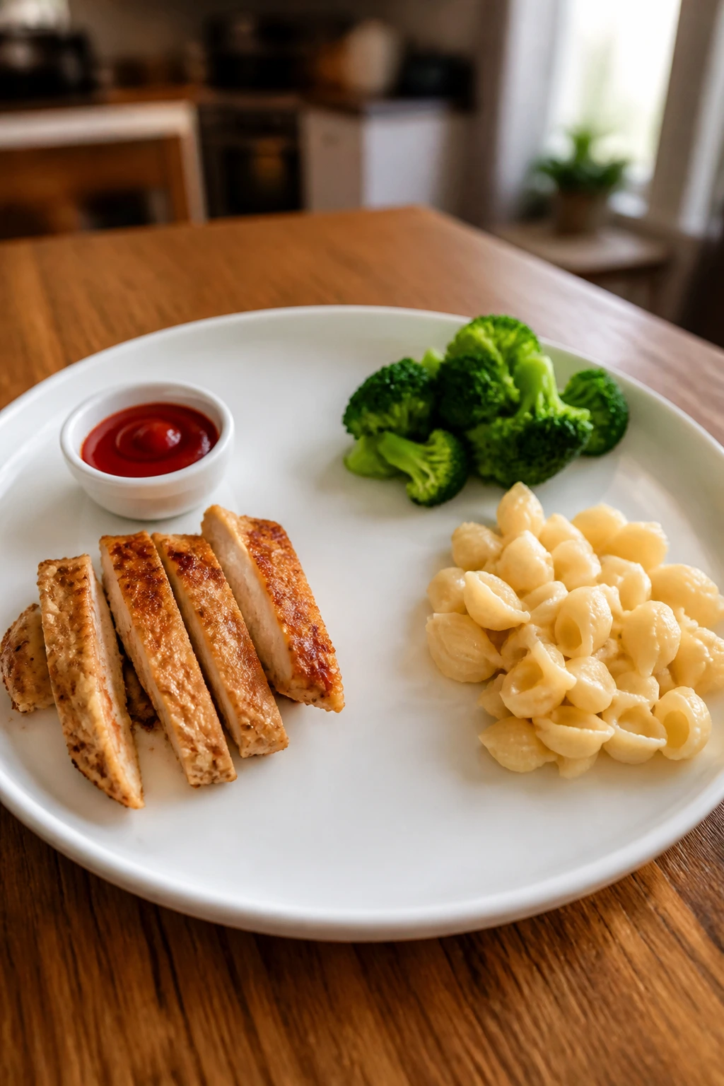 Close-up of a kid-friendly dinner plate showing separated sections on a wooden table