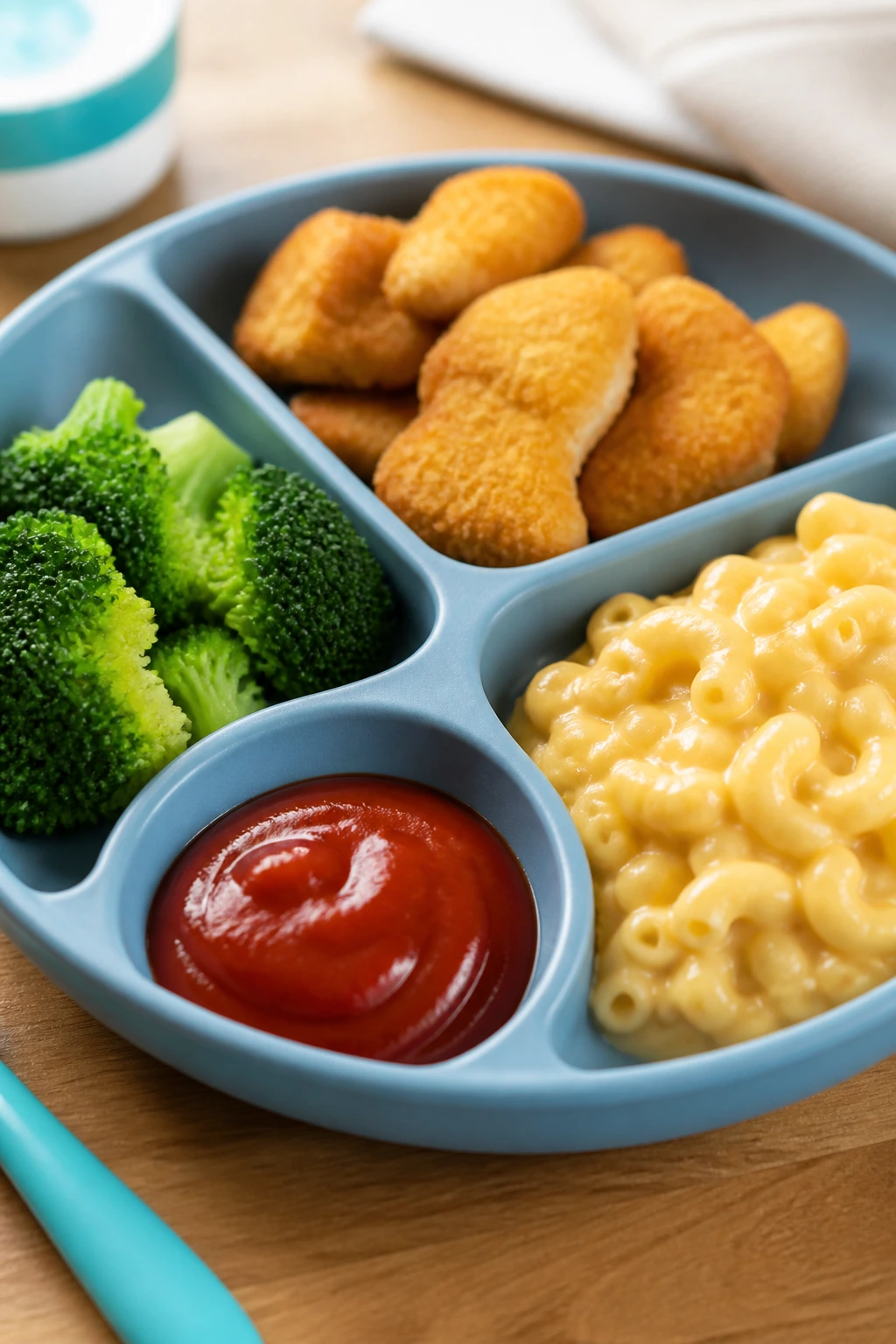 Plate for kids with neatly separated food sections, presenting how to serve these recipes