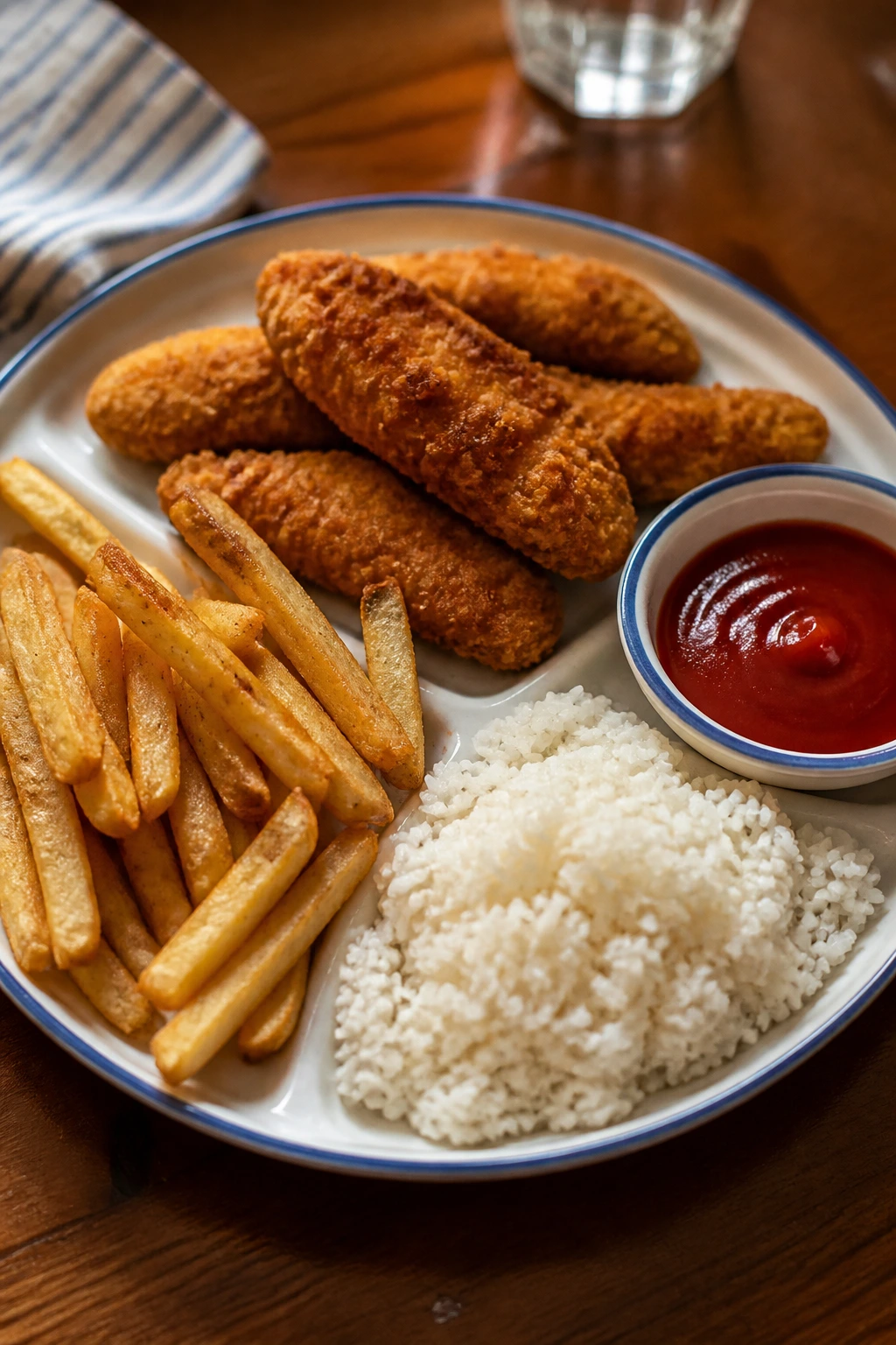 Plate with separate sections of chicken, fries, rice, and dip