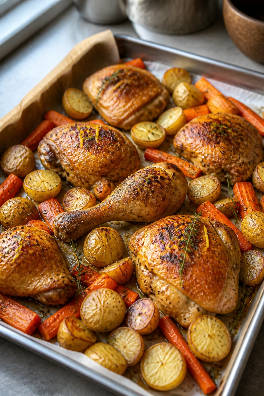 Close-up of bone-in chicken thighs and drumsticks with potatoes and carrots on a sheet pan in a kitchen