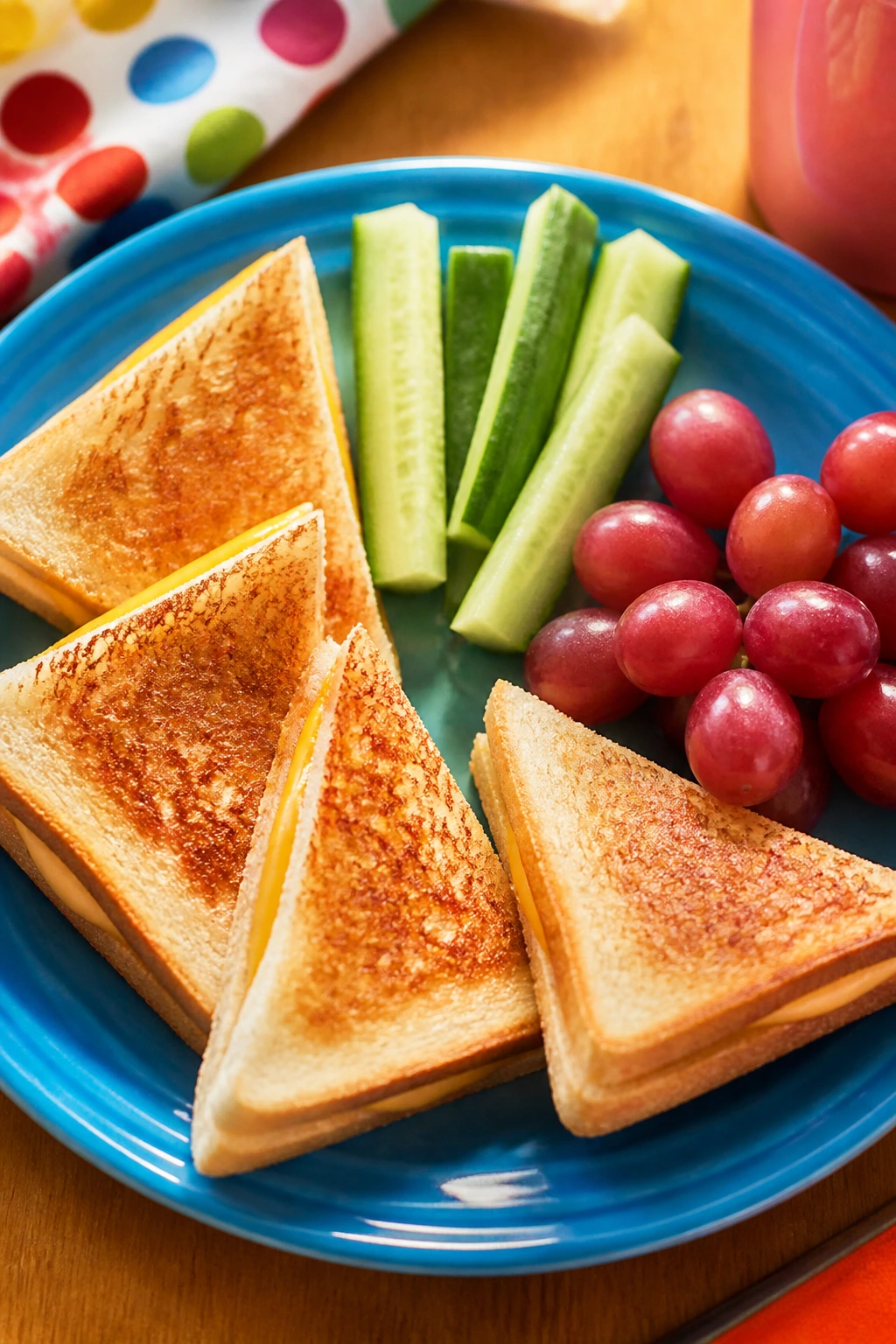 Plate of kid-friendly shapes with wedges, sticks, and grapes.
