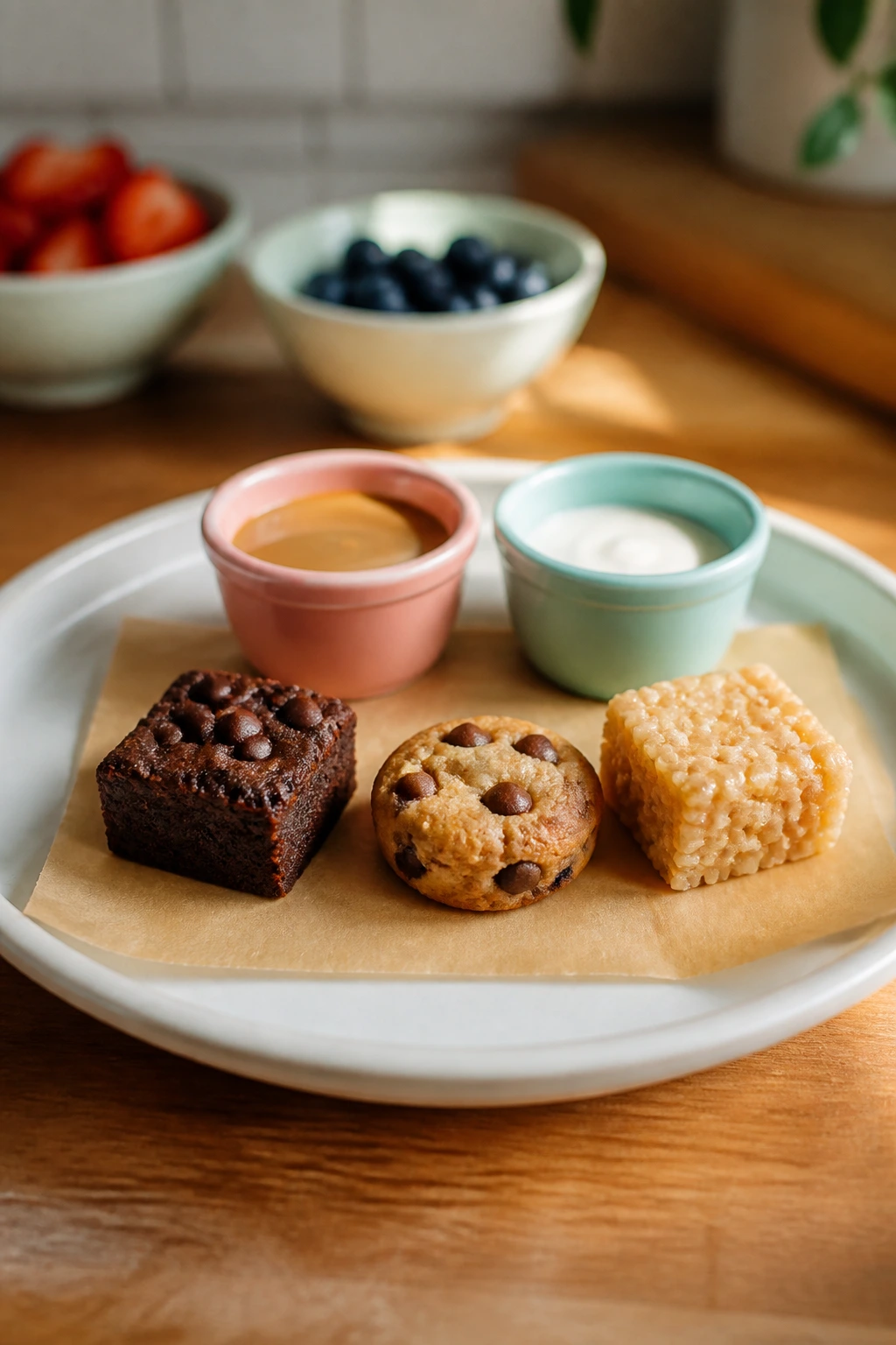 Close-up of a tidy kid-friendly dessert plate with small bites on parchment in a bright kitchen
