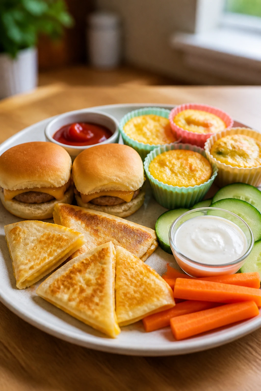 Close-up plate of kid-friendly bite-sized shapes on a warm kitchen table