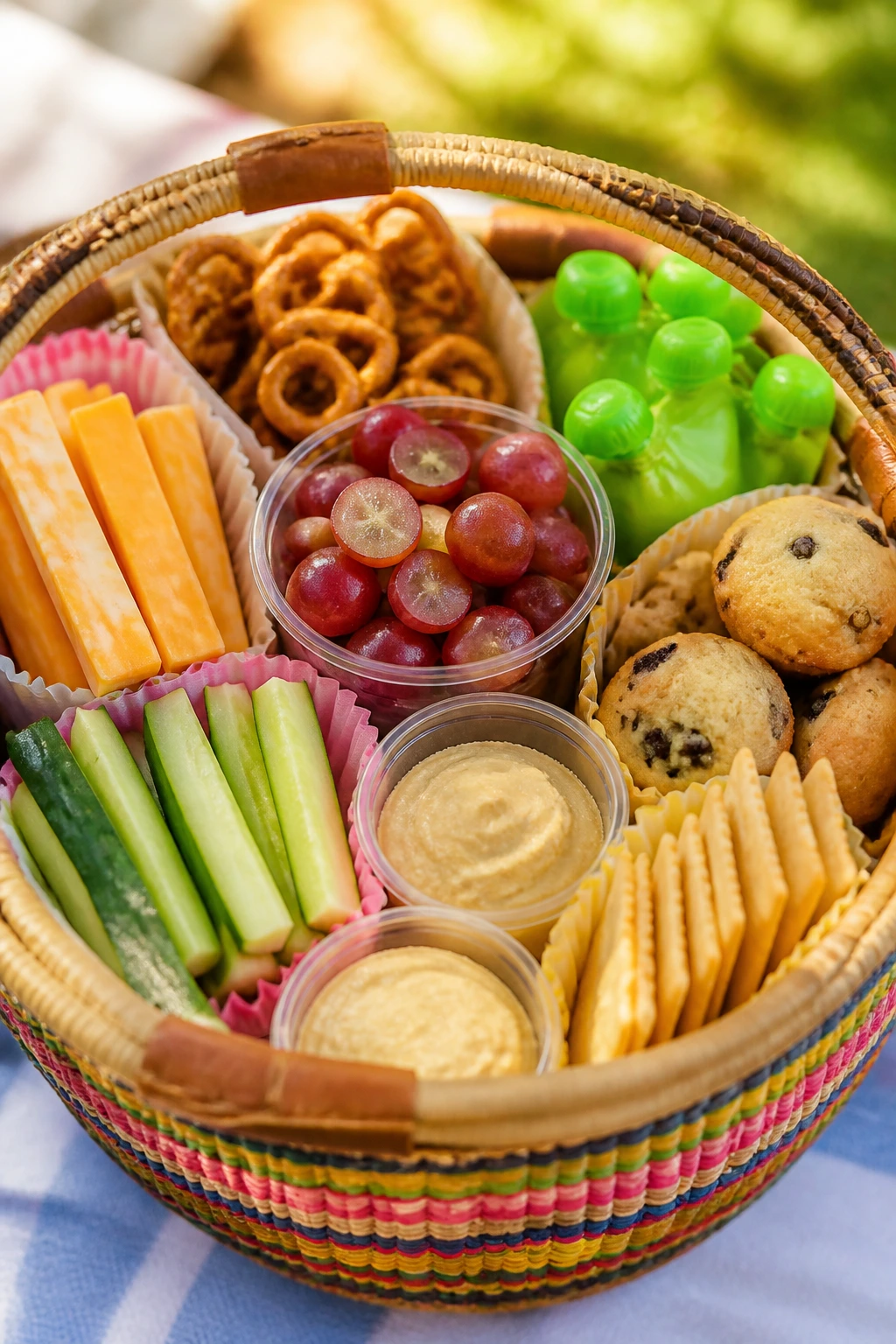 Kid-friendly snack basket with cheese sticks, pretzels, fruit pouches, grapes, muffins, cucumbers, and hummus