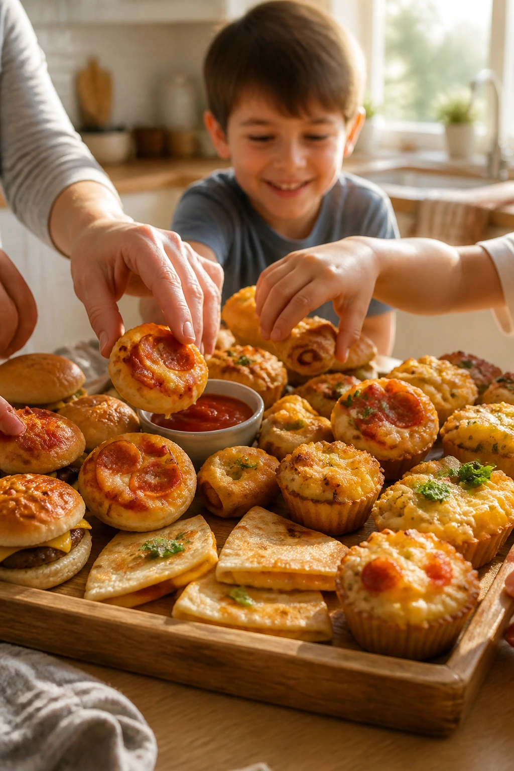 Tray of bite-sized snack-dinner dishes on a warm kitchen counter.