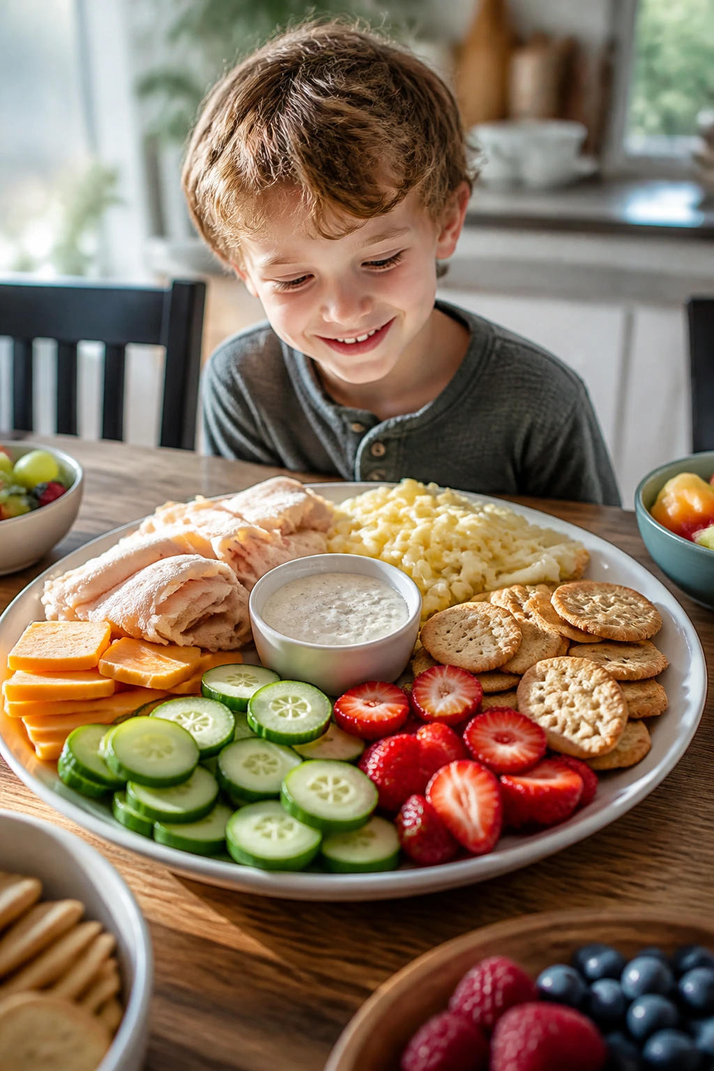 Smiling child at a colorful kid-friendly lunch spread