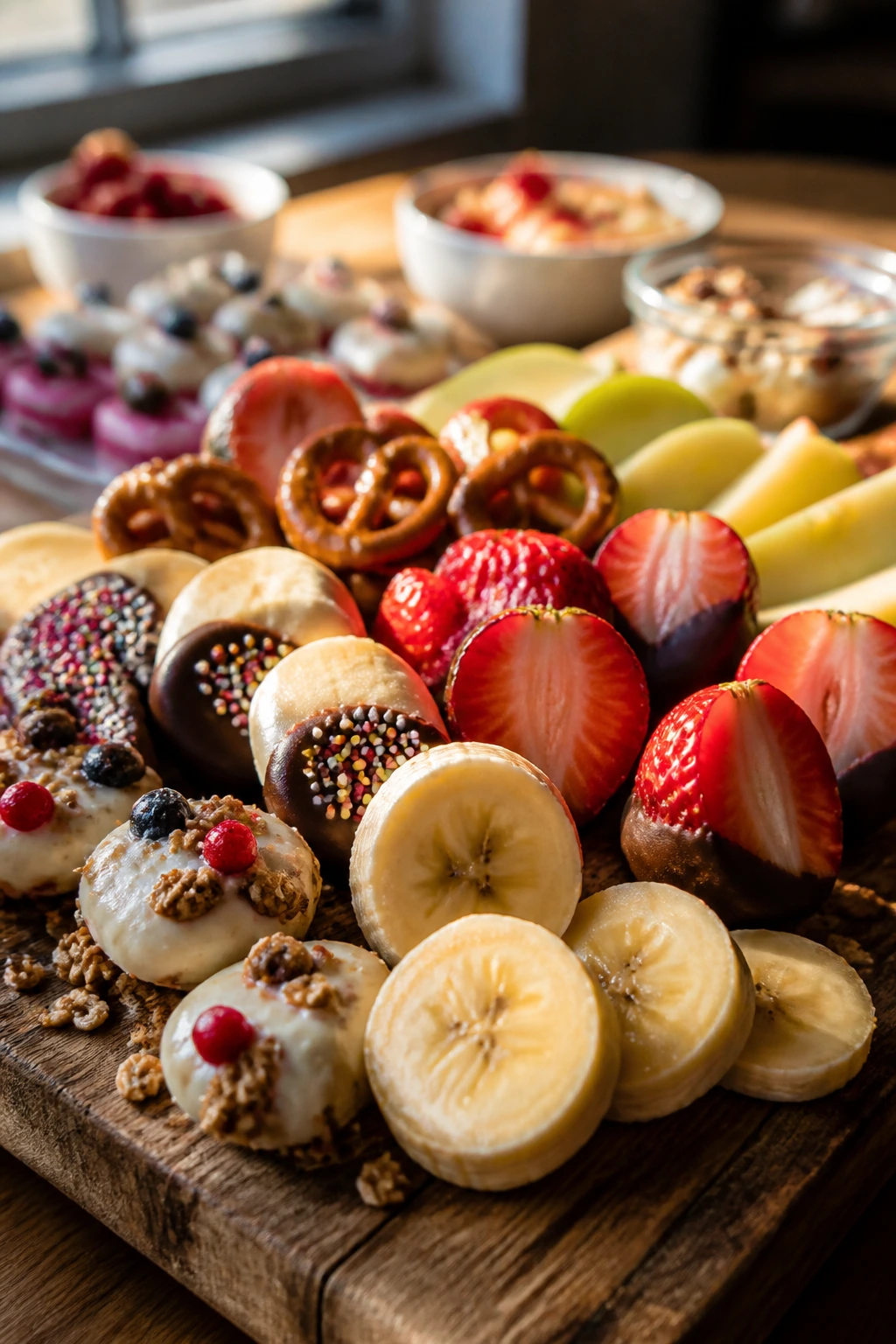 Close-up of a batch of kid-made treats on a wooden board in a sunlit kitchen