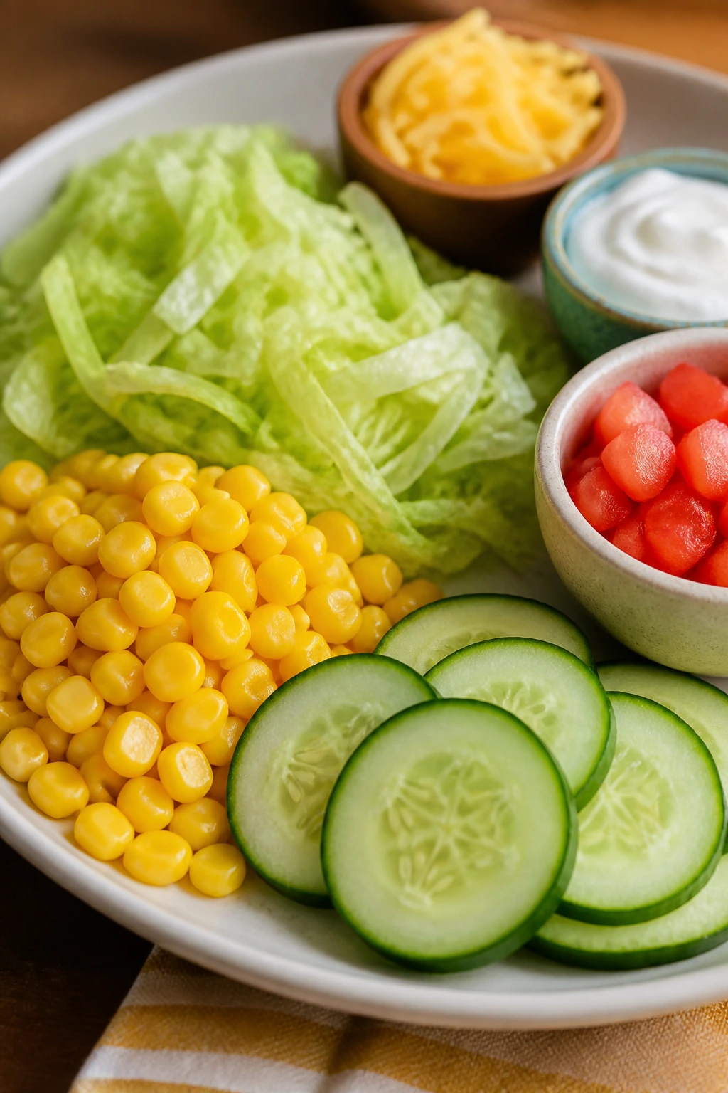 Plate with corn, cucumber, and lettuce for kid-friendly dinner