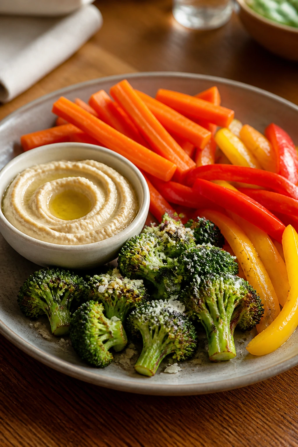 Plate showing three veggie variations with dip on a warm dining table