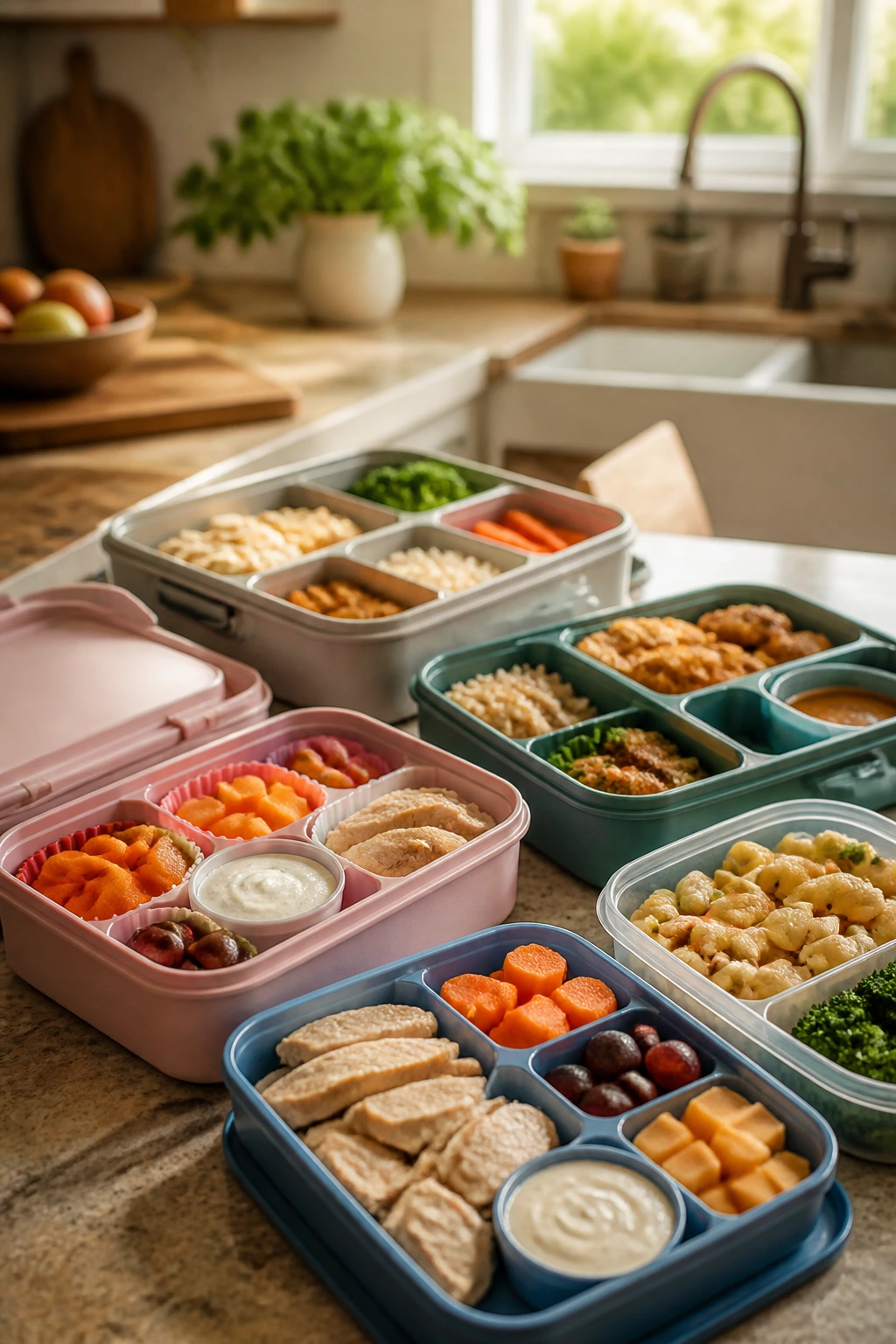 Wide still life of kid-friendly lunch variations and bento boxes on kitchen counter
