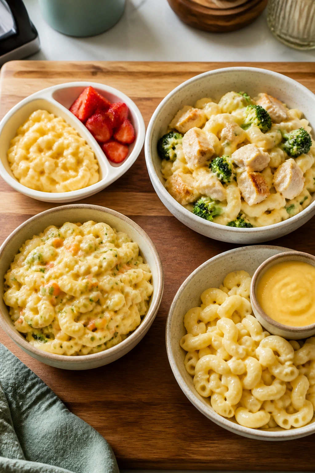 Top-down view of four cheese dinners: toddler plate, protein bowl, veggie-safe version, sauce on side.