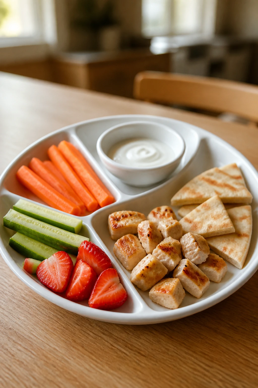 Kid-friendly plate with sections of wedges sticks and a small bowl on a wooden table