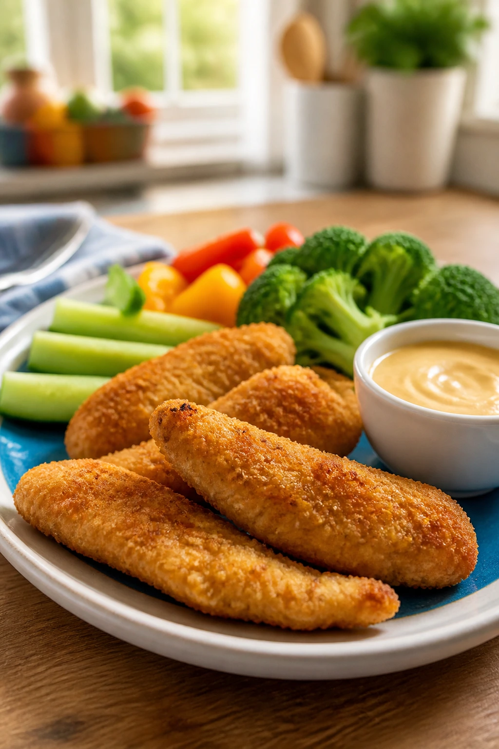 Close-up of a colorful kid-friendly plate with chicken tenders, cucumber sticks, and broccoli