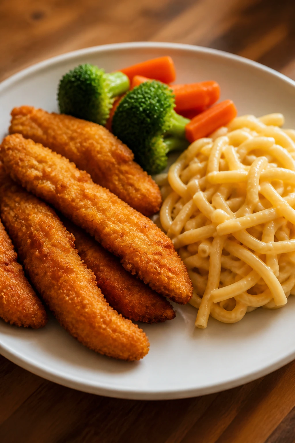 Close-up of a neatly plated kid's plate with tenders and pasta