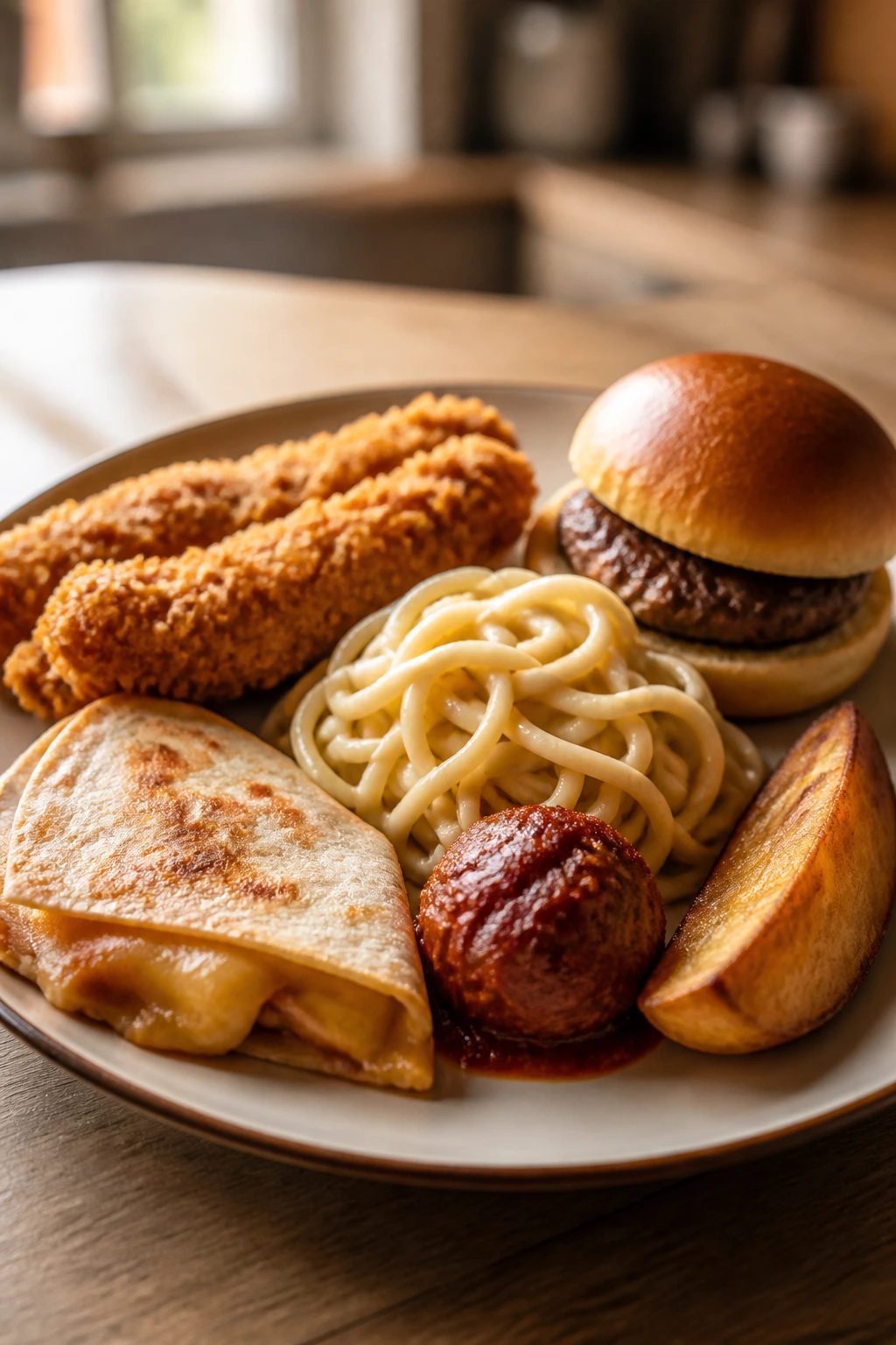Plate showing familiar shapes like tenders, sliders, noodles, and potatoes for quiet dinner wins