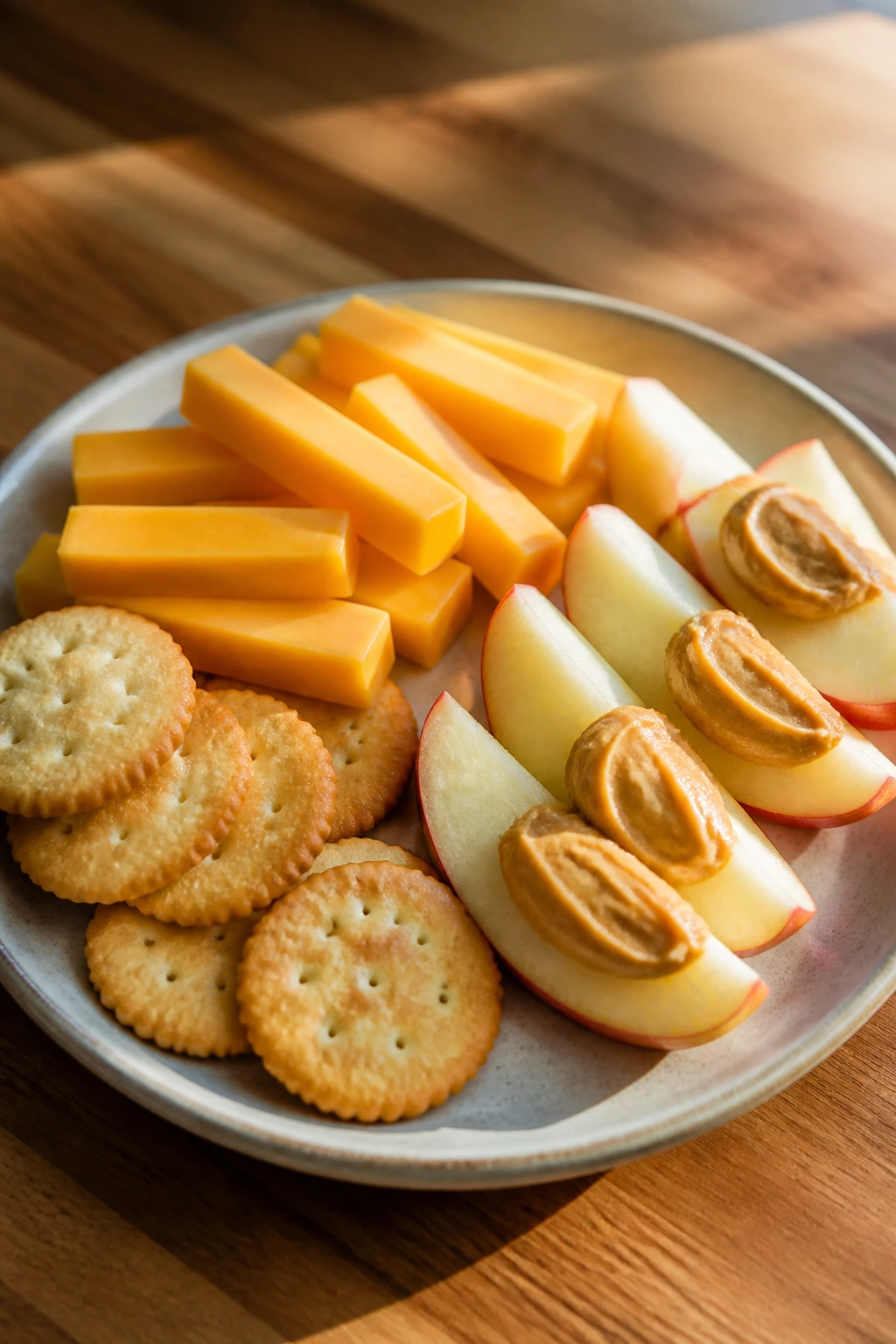 Close-up of a plate with kid-friendly snacks in a kitchen.