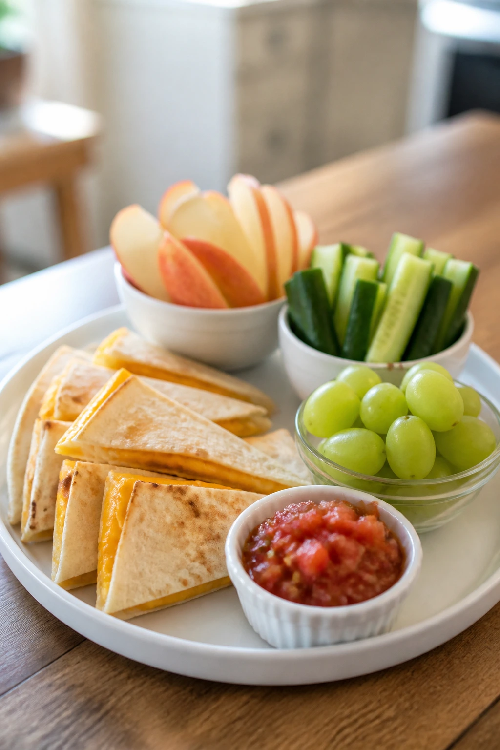 Plate with bite-sized quesadillas, apples, grapes and cucumber sticks on a kitchen table