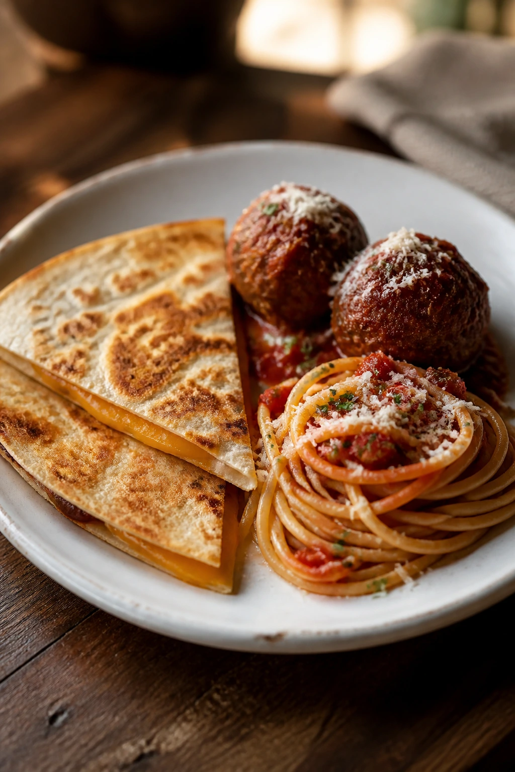 Close-up plate with quesadilla wedge, meatballs, and pasta on a wooden table