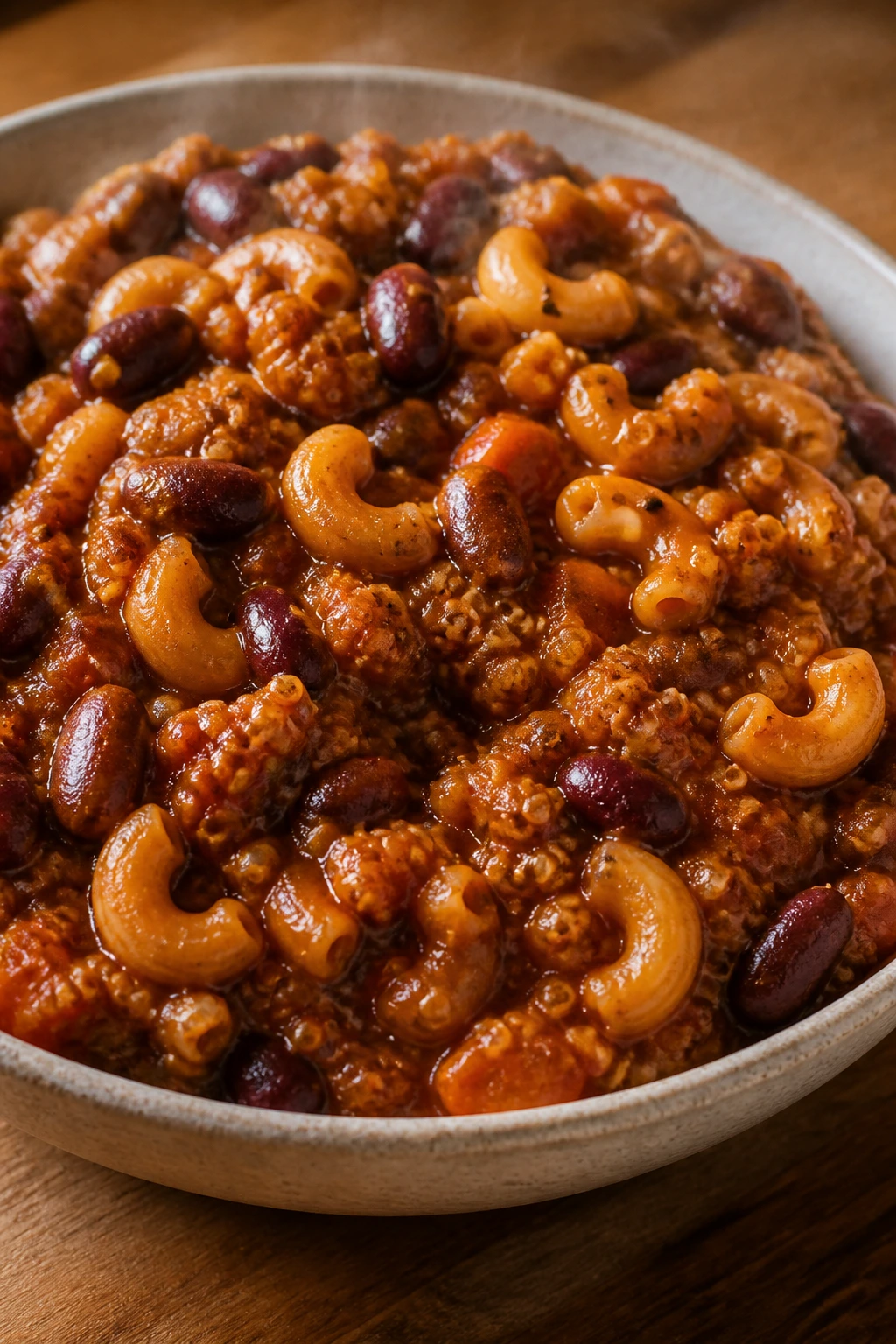 Close-up of chili mac with kidney beans and quinoa in a bowl