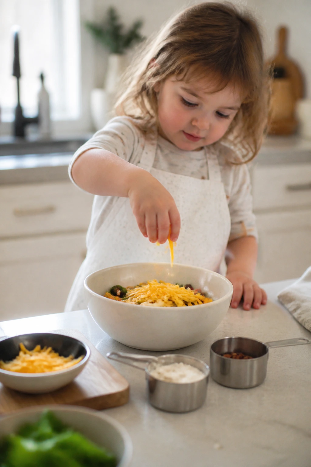 Child performing an age-appropriate kitchen task at a bright counter