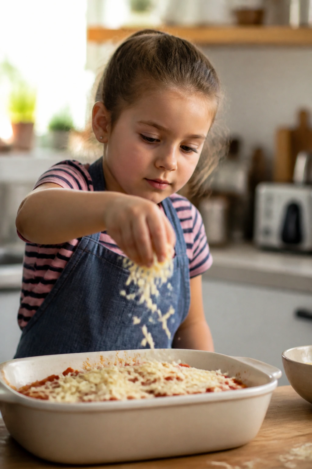 Real child cooking at a kitchen counter, sprinkling cheese on a dish