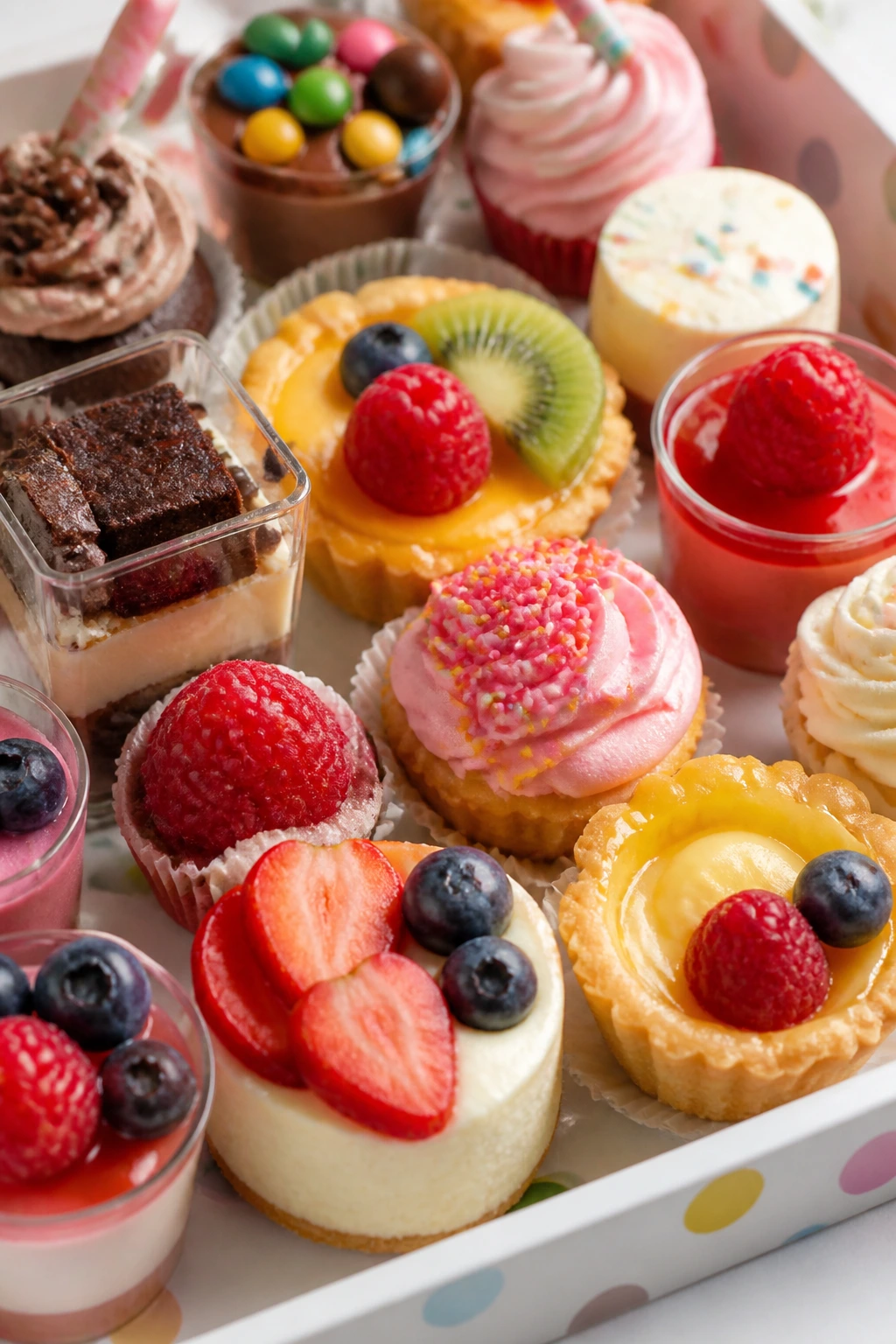 Close-up of colorful mini desserts on a kid's table with fruit, frosting, and chocolate