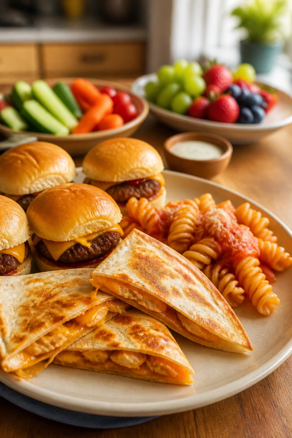 Kid-friendly dinner plate with quesadillas, sliders, and pasta after school