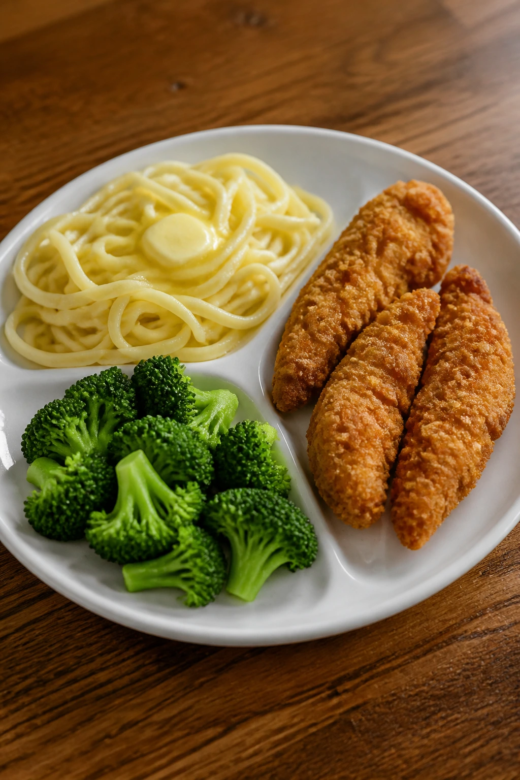 Plate with noodles, chicken tenders, and side arranged neatly