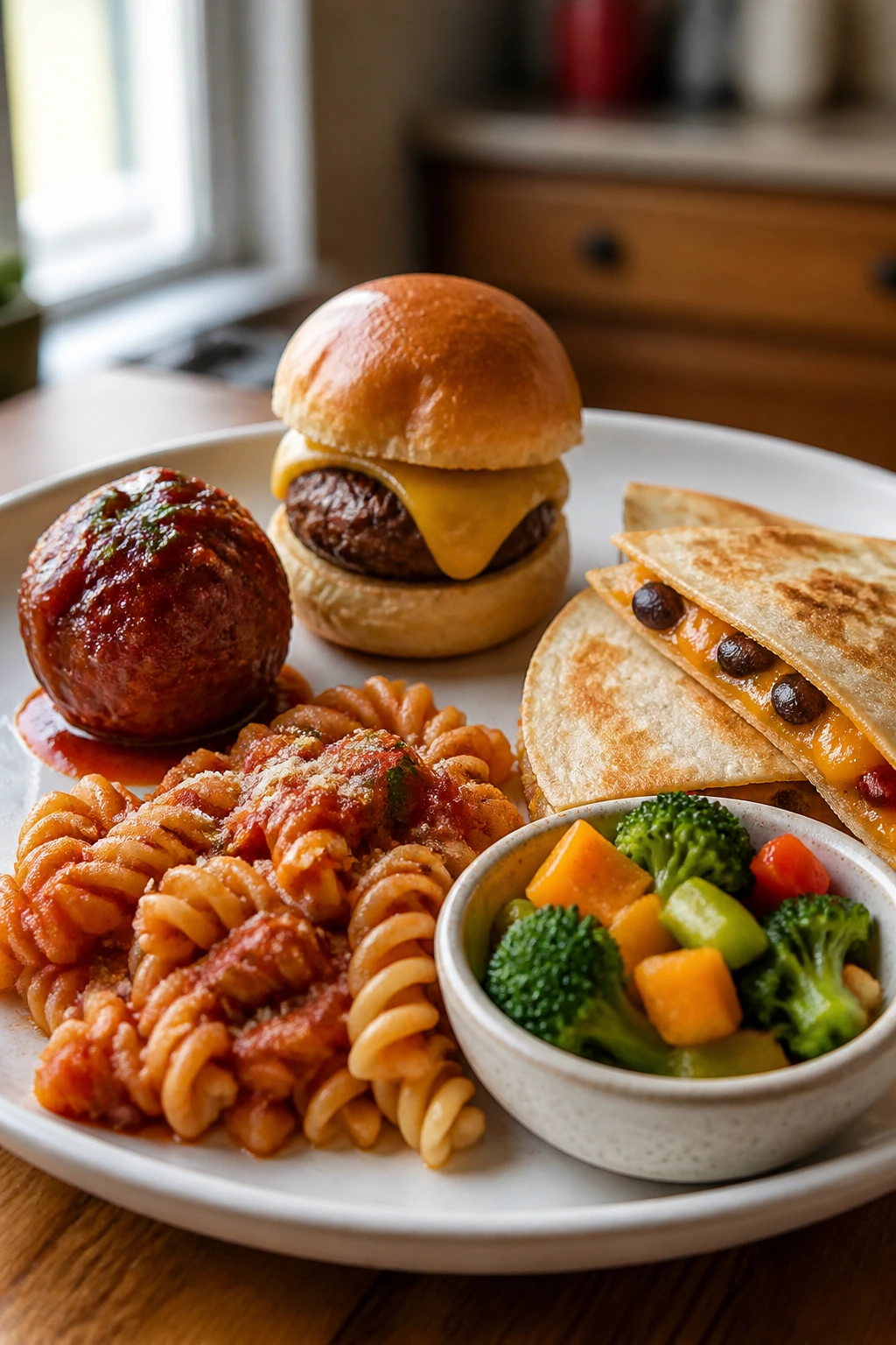 Plate with familiar kid-friendly dinner shapes on a warm kitchen table