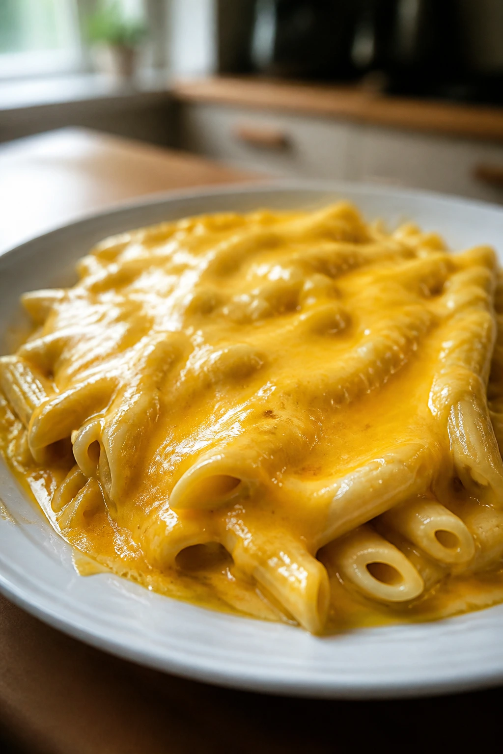 Plate of too-cheesy pasta with greasy finish that kids refuse.