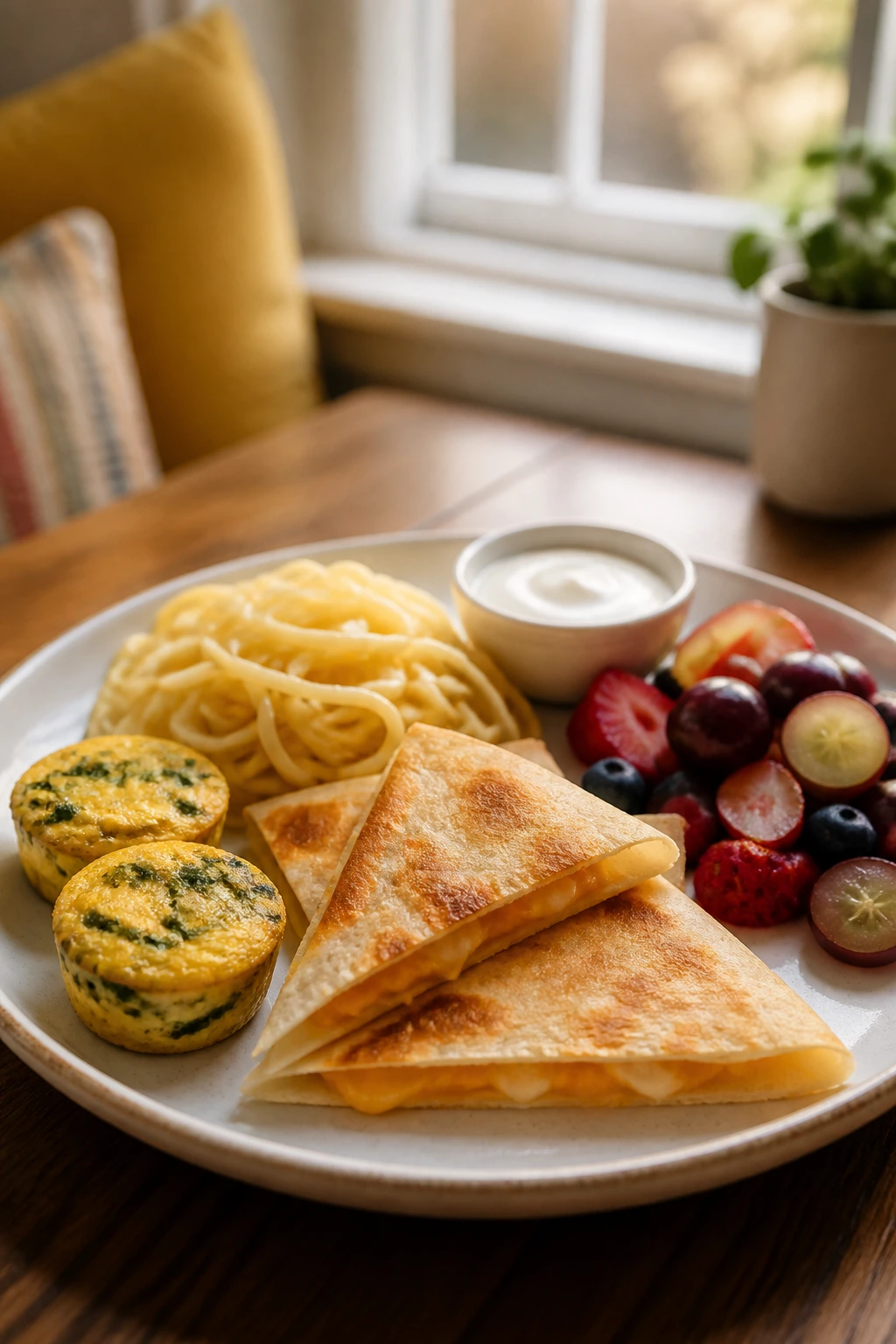 Close-up of a tidy kids plate with quesadilla triangles, buttered noodles, egg bites, and fruit, in a warm kitchen setting