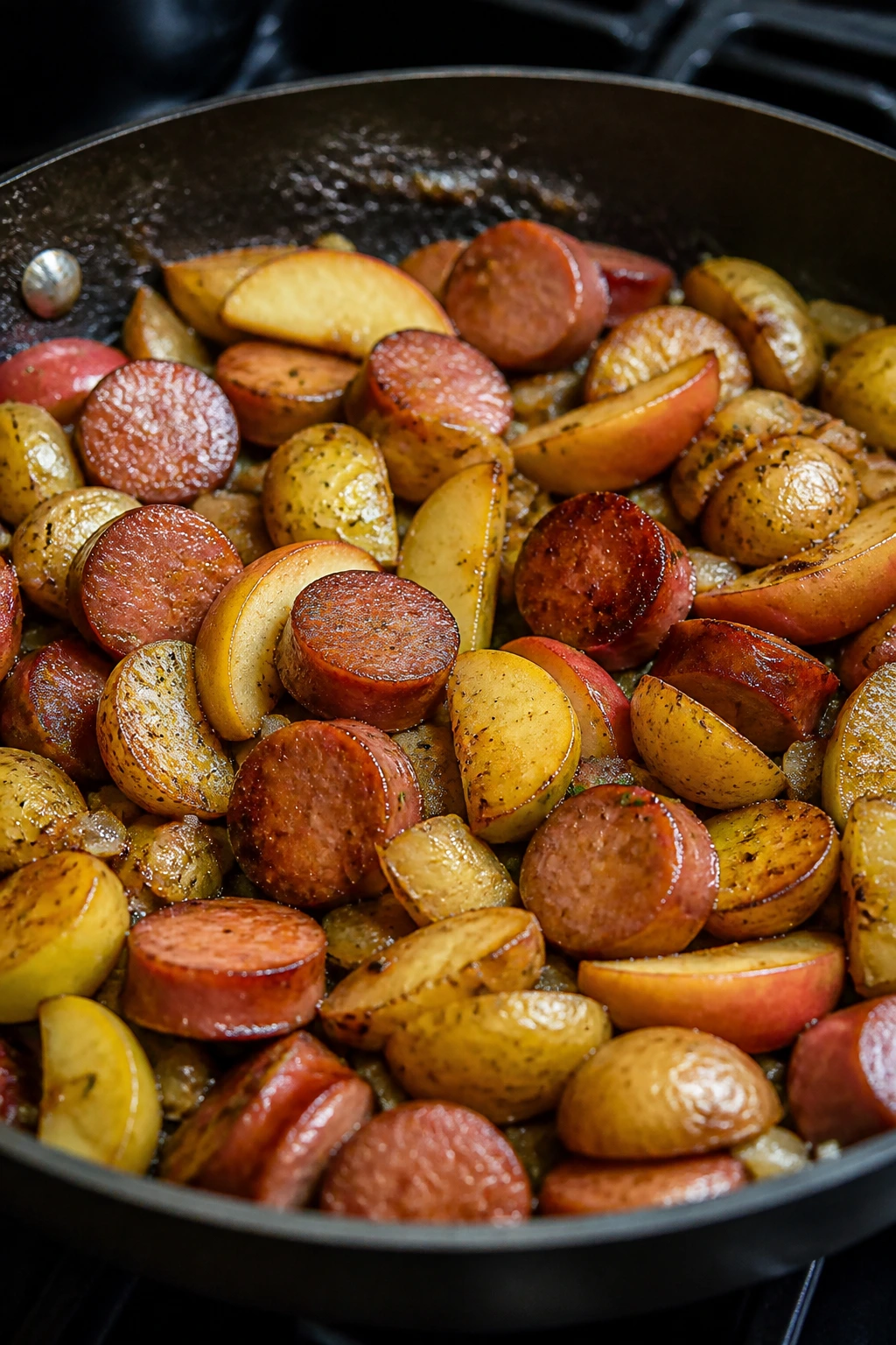 Skillet with kielbasa, apples, and potatoes browning on the stove