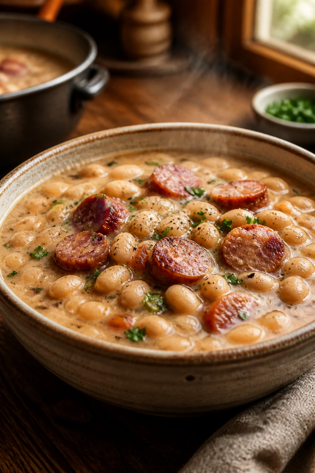 Cozy bowl of creamy kielbasa bean soup in warm kitchen
