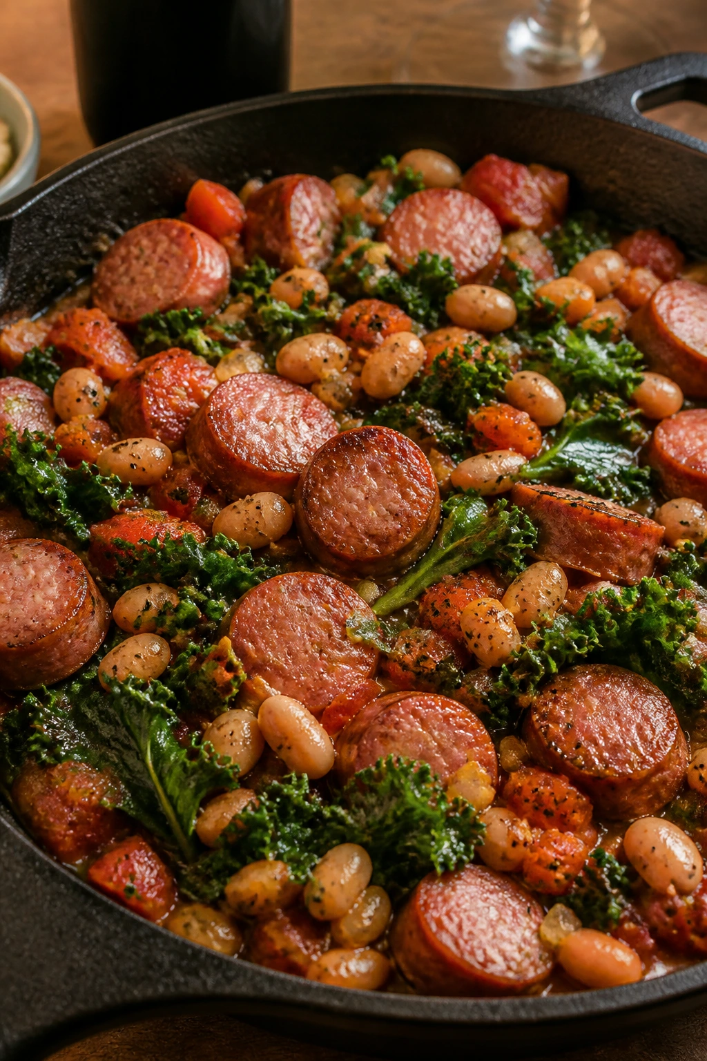 Close-up of kielbasa with beans and kale in a skillet