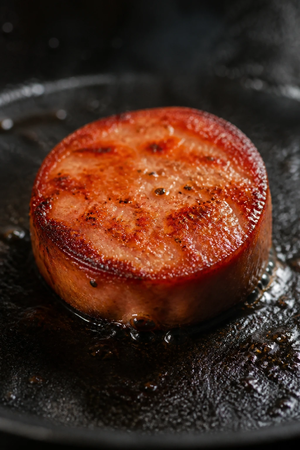 Browning kielbasa coin in skillet with fat
