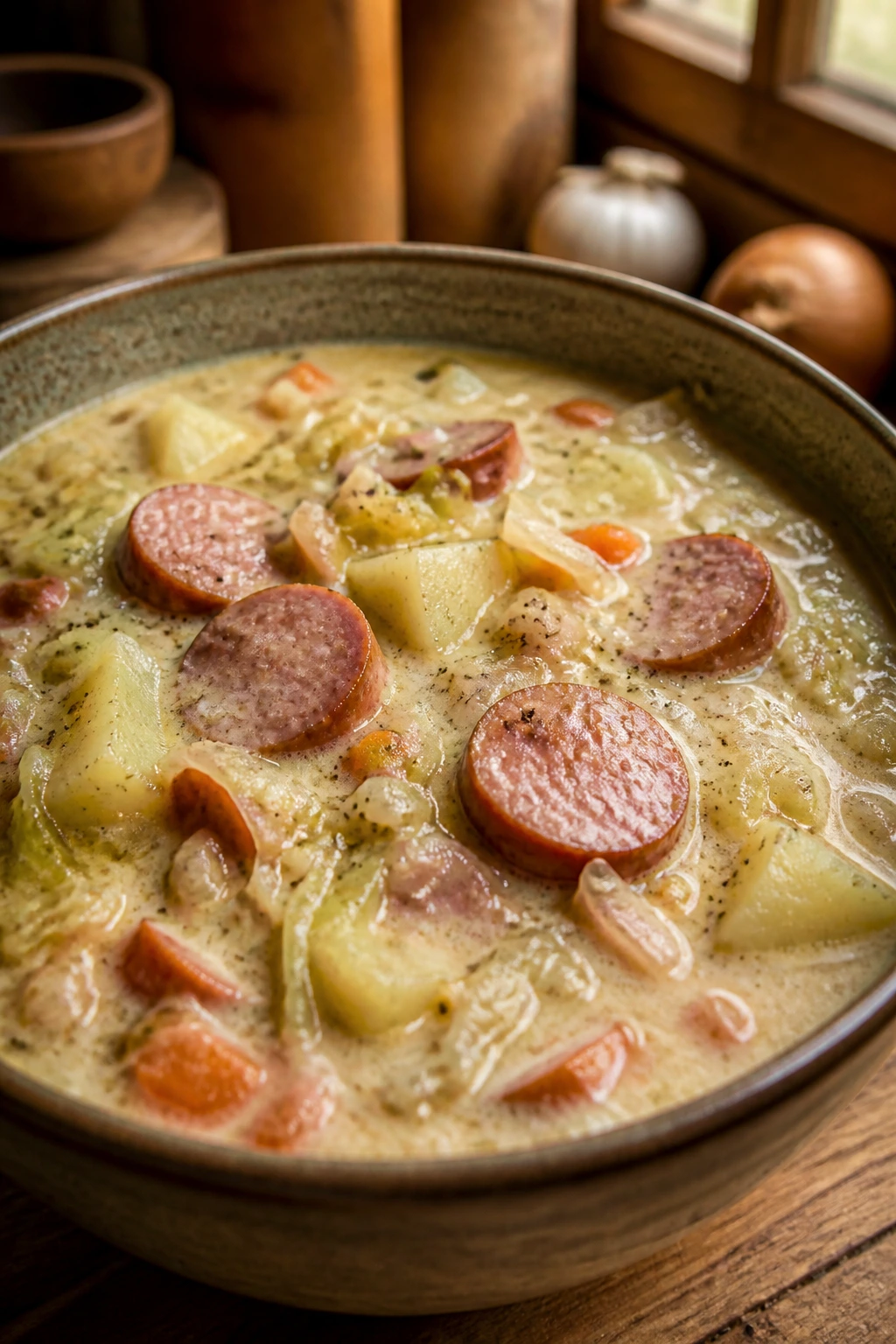 Kielbasa and cabbage chowder in a bowl with sausage slices