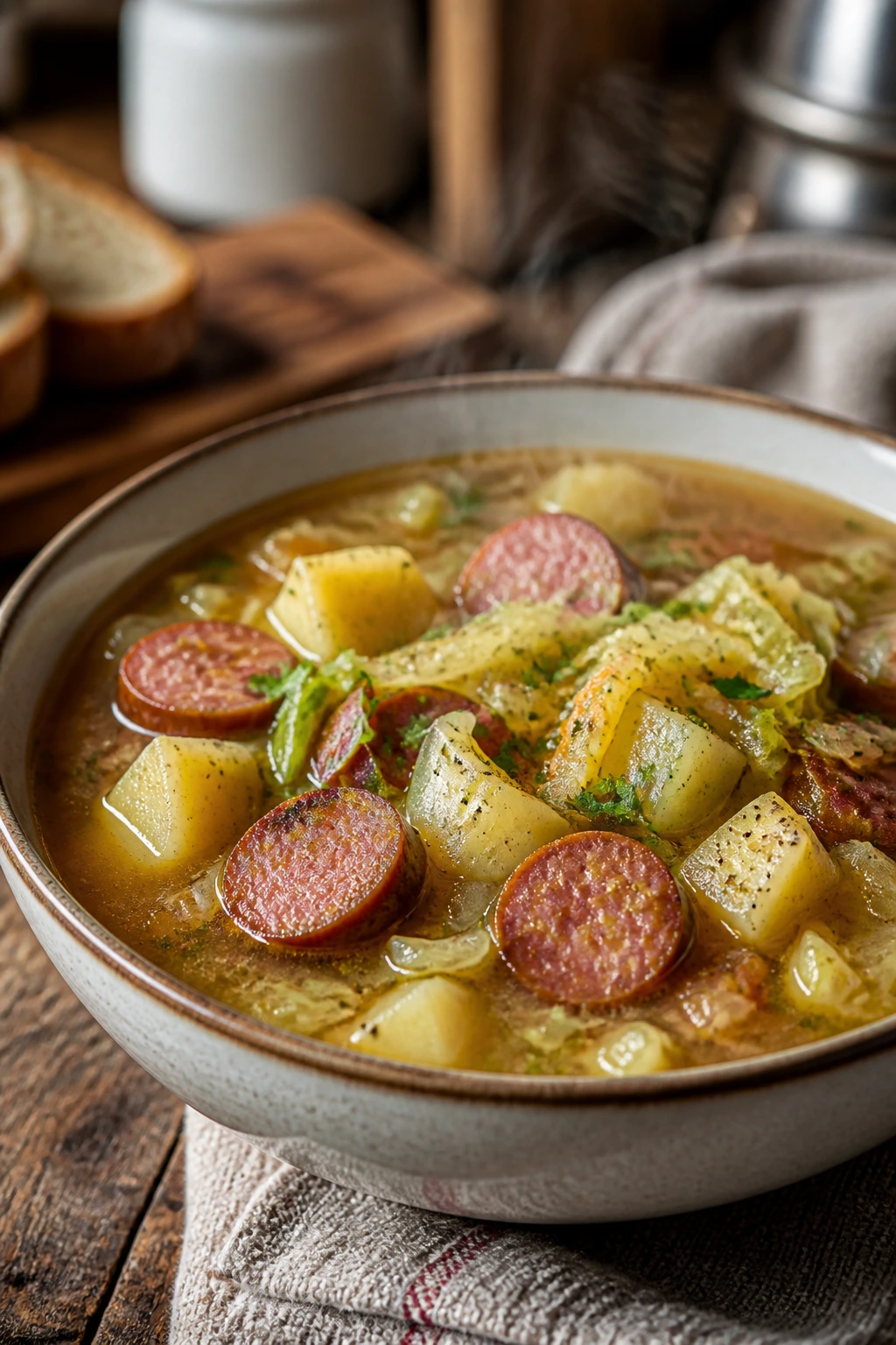 Close-up of cabbage and kielbasa soup with kielbasa and potatoes