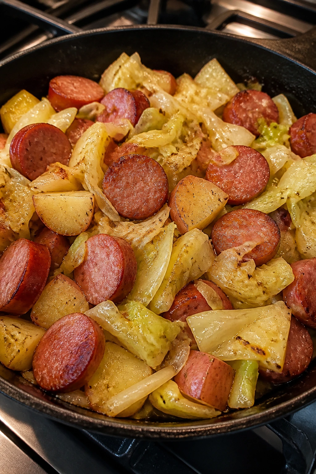 Skillet with kielbasa, cabbage, and potatoes on stove
