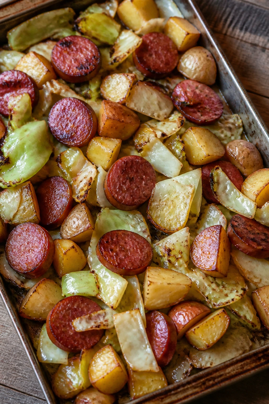 Sheet pan with kielbasa, potatoes, and cabbage roasting