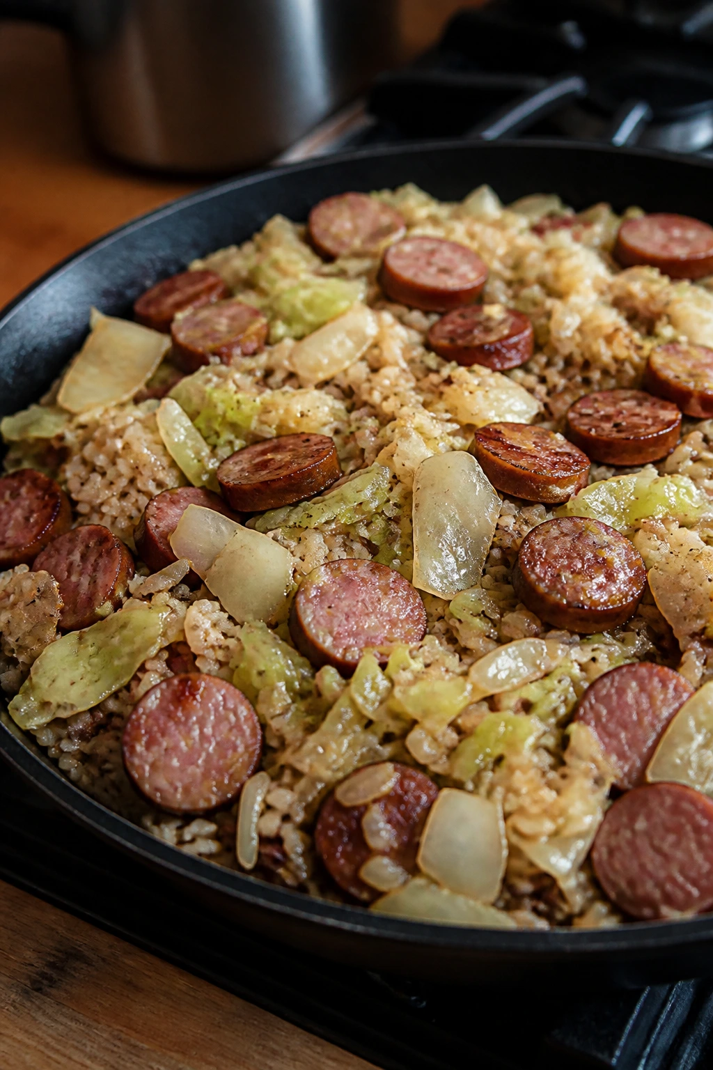 Skillet dish of kielbasa, cabbage, and rice in a warm kitchen