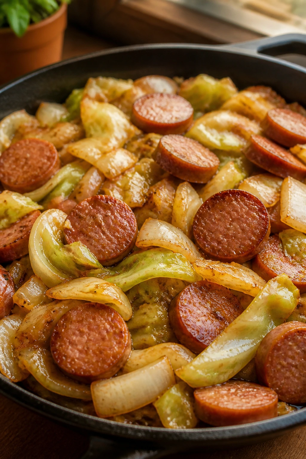 Kielbasa and cabbage skillet in a pan
