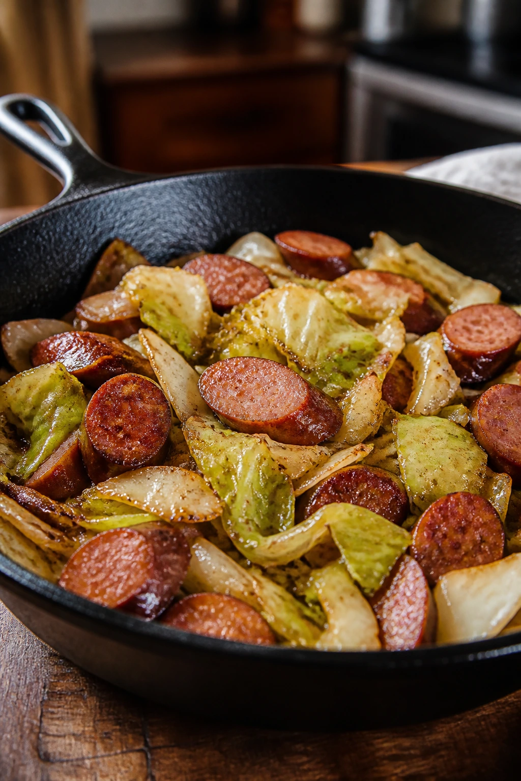 Skillet of kielbasa and cabbage filling the frame