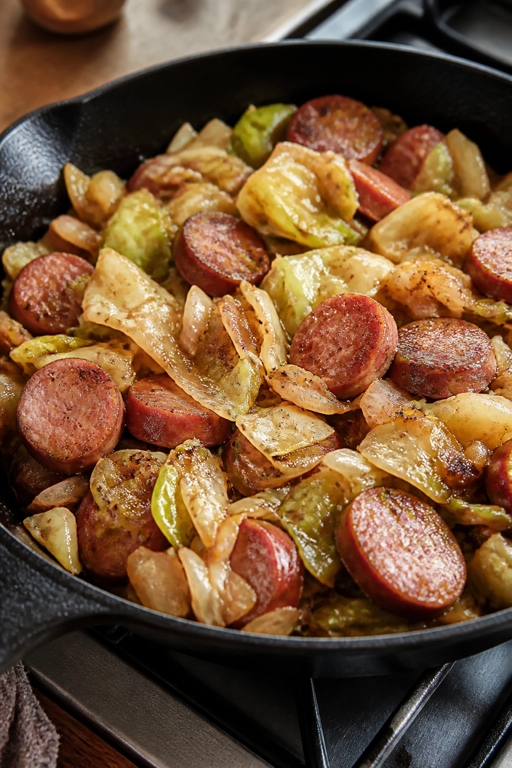Close-up of kielbasa and cabbage in a skillet