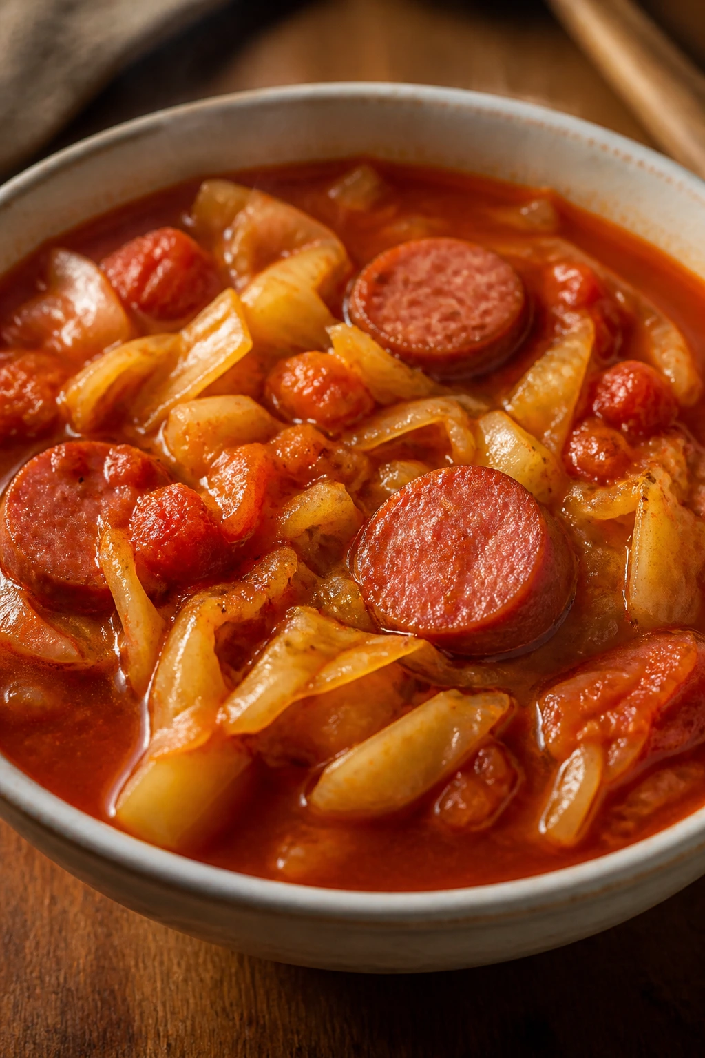 Close-up of kielbasa cabbage soup in tomato broth