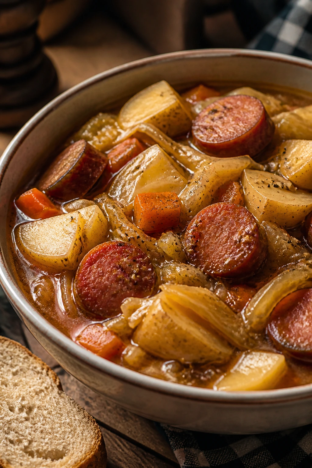 Close-up of Cabbage and Kielbasa Stew with kielbasa and cabbage in a rich broth.