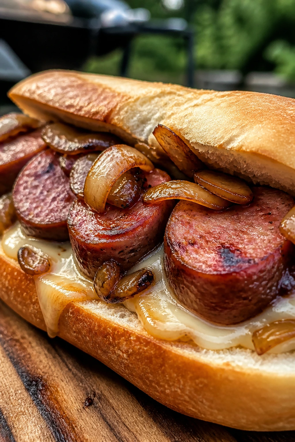 Close-up Kielbasa caramelized onion roll with melted cheese