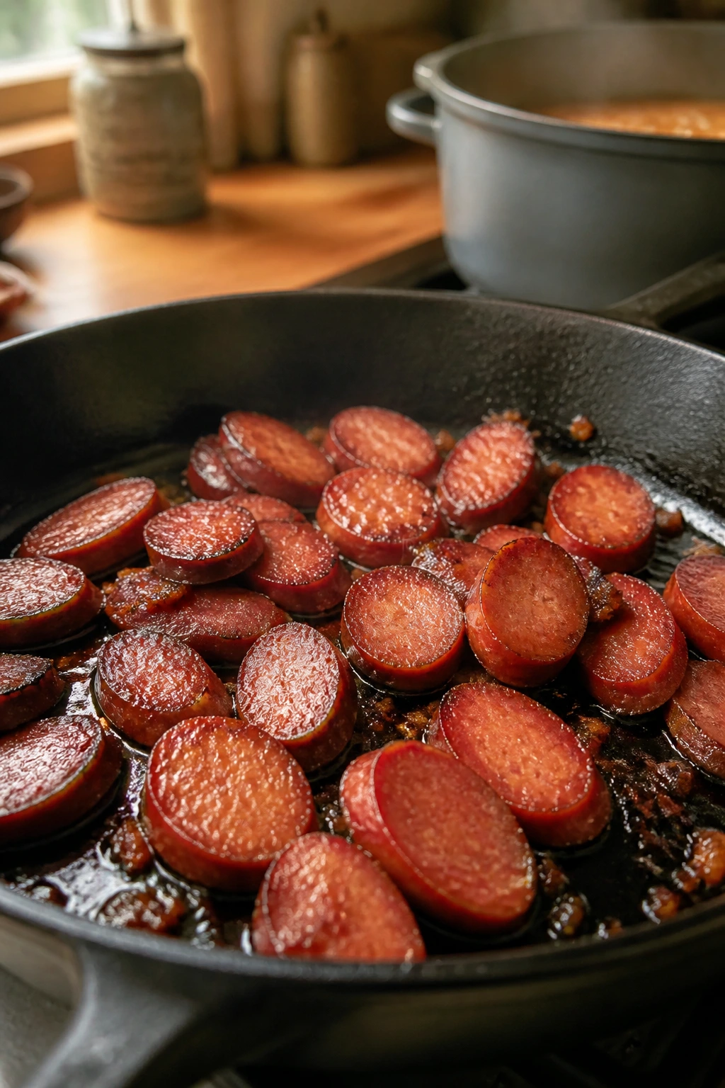 Close-up of browned kielbasa slices in a cast-iron skillet