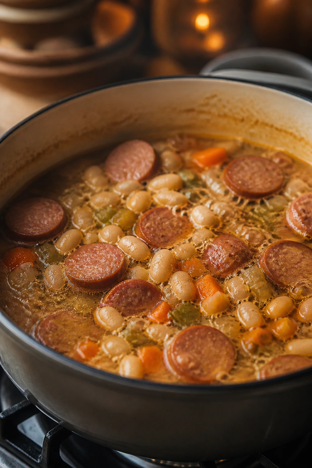 Dutch oven on stove with kielbasa and vegetables visible